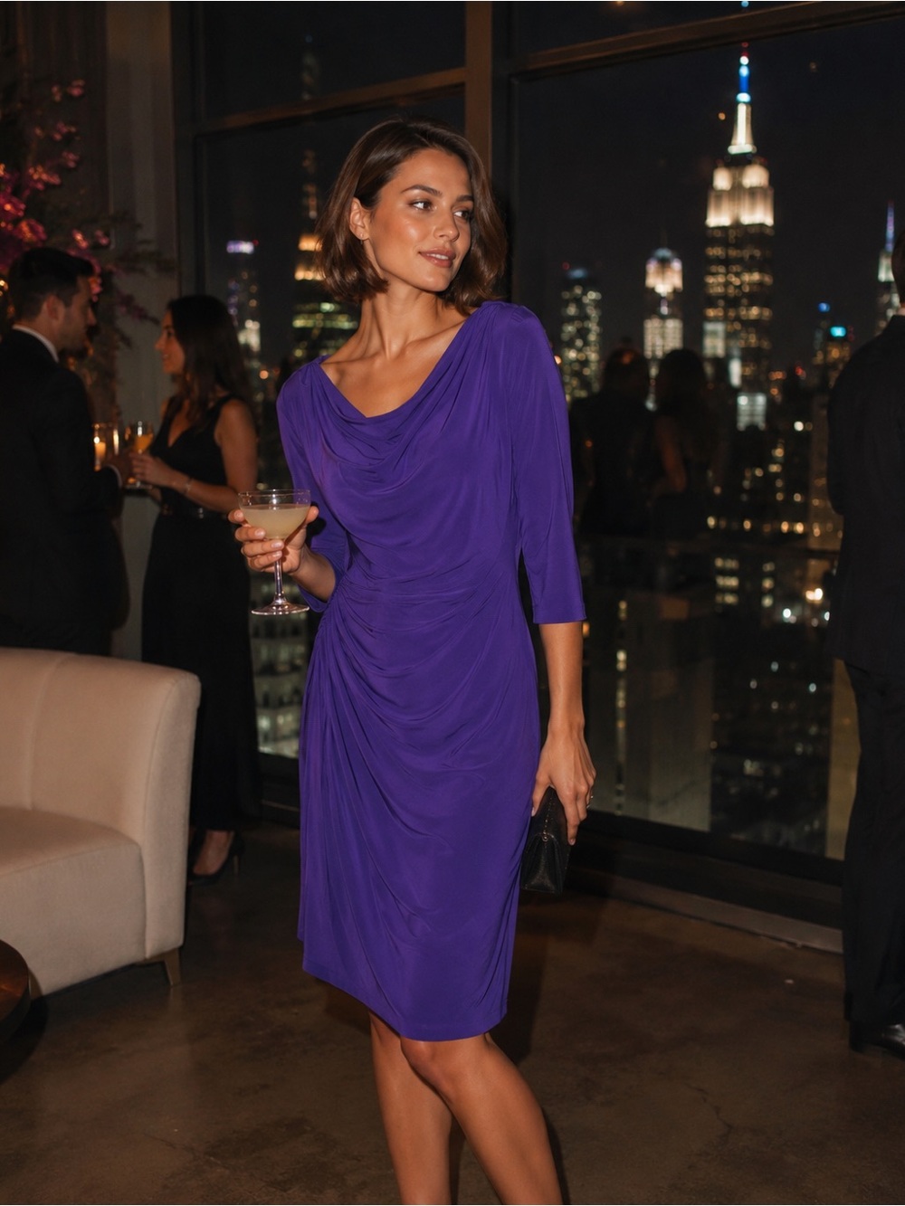 Ronni Nicole Violet Cowl Neck Side Ruched 3/4 Sleeve Midi Dress Royal Purple 14
